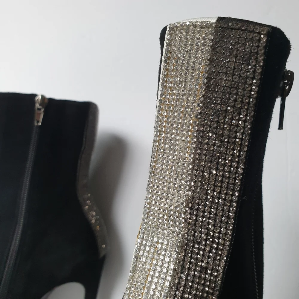 Steve Madden Wagu Black Suede Mid Calf Stiletto Booties w/ Rhinestone Back 7.5 - Picture 9 of 17